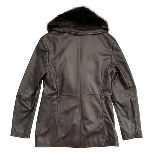 VIntage Mid Length Leather‎ Penny Lane Jacket Brown M Removable Faux Fur Collar - Picture 2 of 16